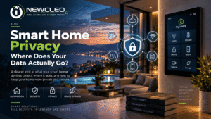 Smart home privacy in Lebanon: a villa control panel for lights, climate, security, cameras and energy above a coastal view.