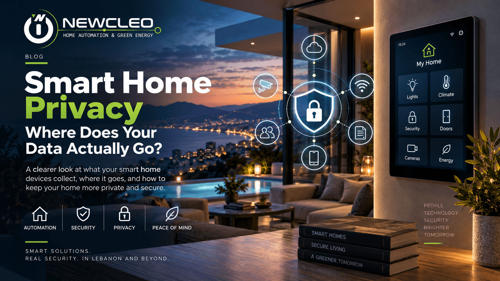 Smart home privacy in Lebanon: a villa control panel for lights, climate, security, cameras and energy above a coastal view.